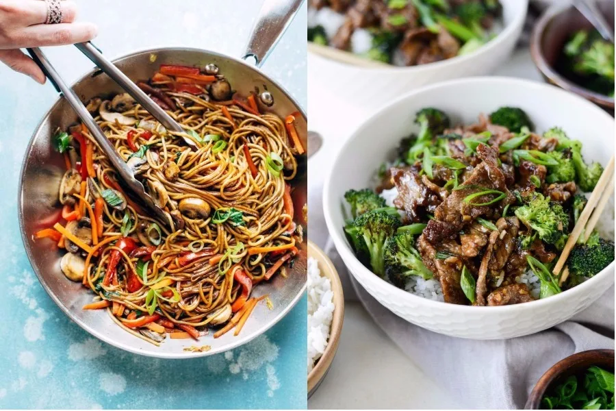 Cool Mom Eats weekly meal plan: 5 easy, family-friendly meals for the week ahead including 15-Minute Lo Mein at Pinch of Yum and Weeknight Mongolian Beef Stir-Fry at Simply Scratch