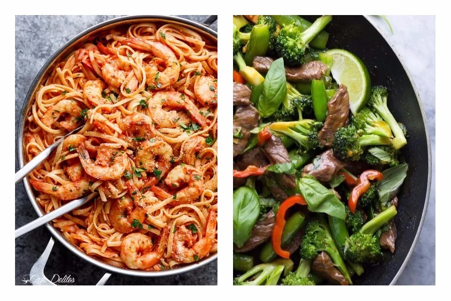Cool Mom Eats weekly meal plan: 5 easy, family-friendly dinners for the busy week ahead including Creamy Tomato Garlic Butter Shrimp and Linguini at Cafe Delites and Lime Beef and Basil Stir-Fry at Sweet Peas and Saffron