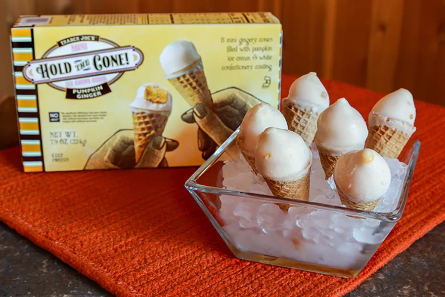 Our favorite, family-friendly, new Trader Joe's products for October: Ginger Pumpkin Hold the Cone! mini ice cream cones | Cool Mom Eats