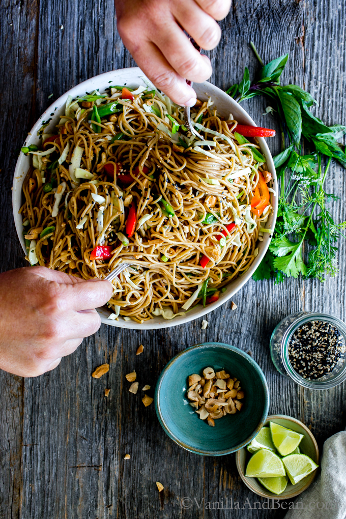 Easy on-the-go dinner recipes for when you have to eat going to or from after school activities: Ginger Noodle Salad at Vanilla and Bean