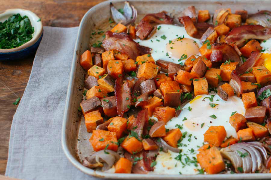 Sheet pan breakfast recipes: Sweet Potato Bacon Sheet Pan Breakfast | Applegate