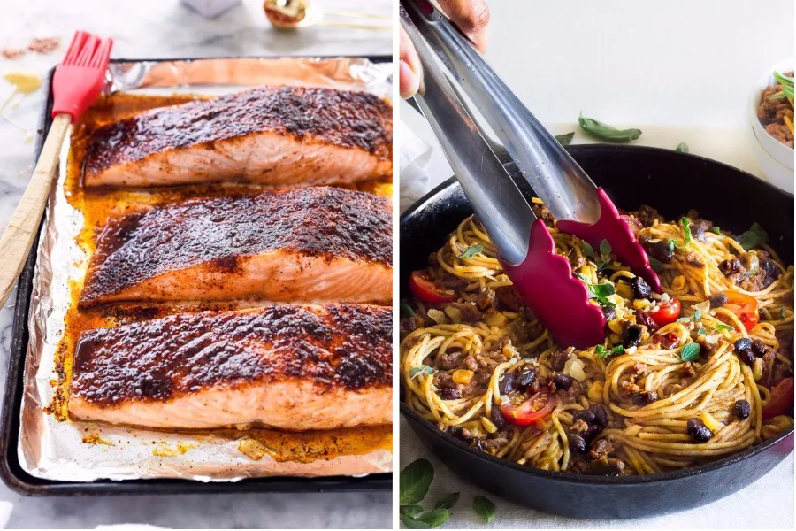 The Cool Mom Eats weekly meal plan: 5 easy, family-friendly recipes for the week head, including 10-Minute Maple Crusted Salmon at FoodieCrush and Taco Spaghetti at Whisk It Real Gud