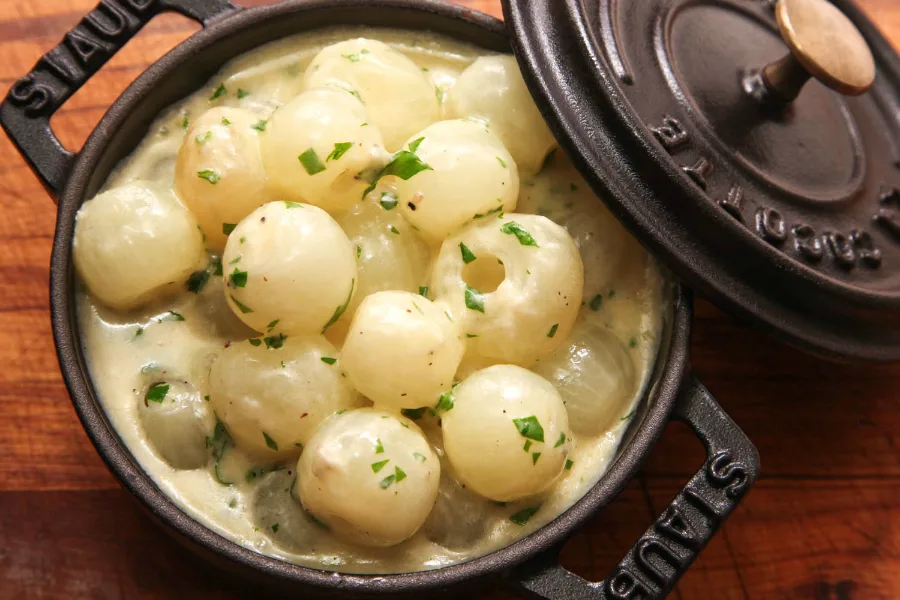 Check out these super easy last-minute sides that are still totally festive for Thanksgiving, including Creamed Pearl Onions at Serious Eats