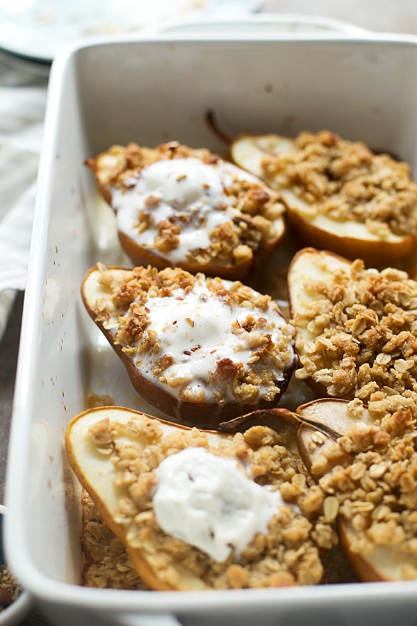 Champagne desserts for New Year's Eve: Baked Champagne Pears with Almond Oat Crumble | Cooking for Keeps 