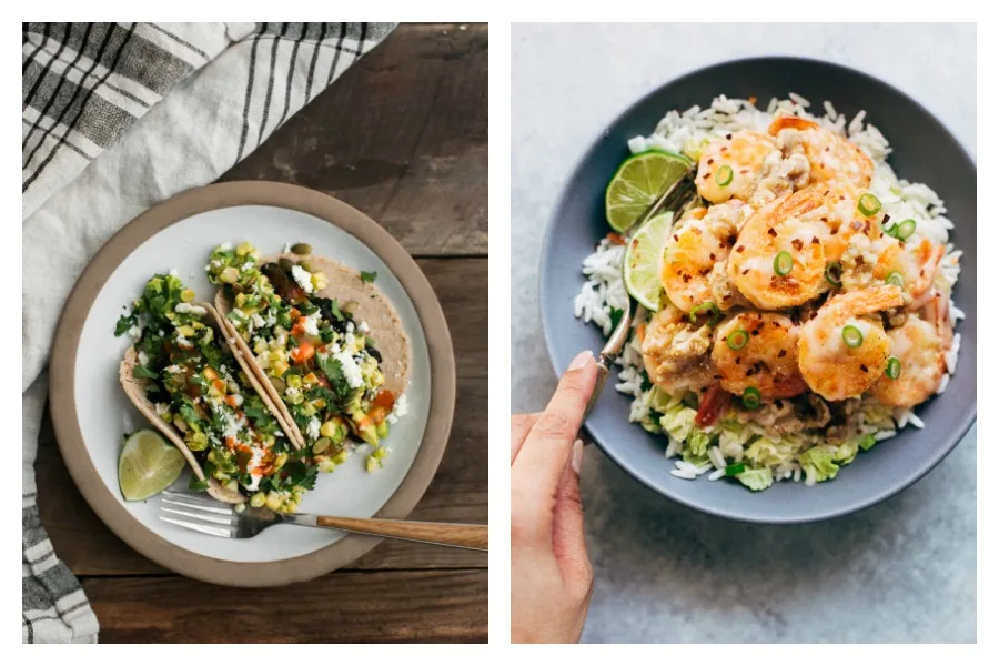 Cool Mom Eats weekly meal plan: 5 easy, family-friendly meals for the week ahead, including Black Bean Tacos with Sweet Corn-Avocado Salad at Naturally Ella and Lighter Honey Walnut Shrimp at Little Spice Jar