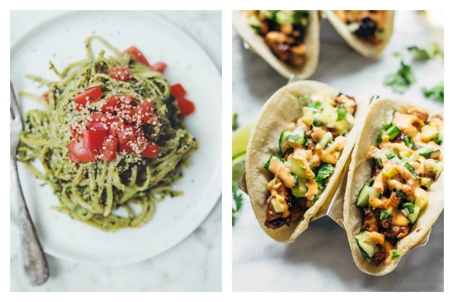 Cool Mom Eats weekly meal plan: 5 easy, kid-friendly meals for the week ahead including vegan avocado pesto pasta at Hot For Food and Caramelized Pork Tacos with Pineapple Salsa at Pinch of Yum