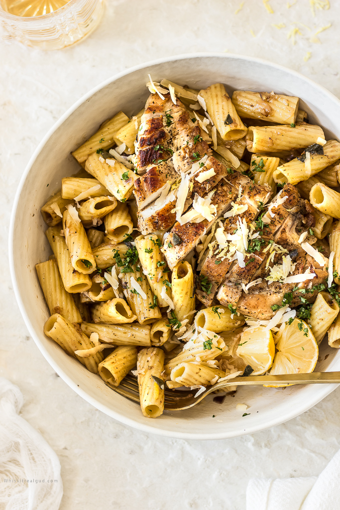 Cool Mom Eats weekly meal plan: Pasta with Lemon Butter, Sage, and Parmesan Sauce with Chicken | Whisk it Real Gud