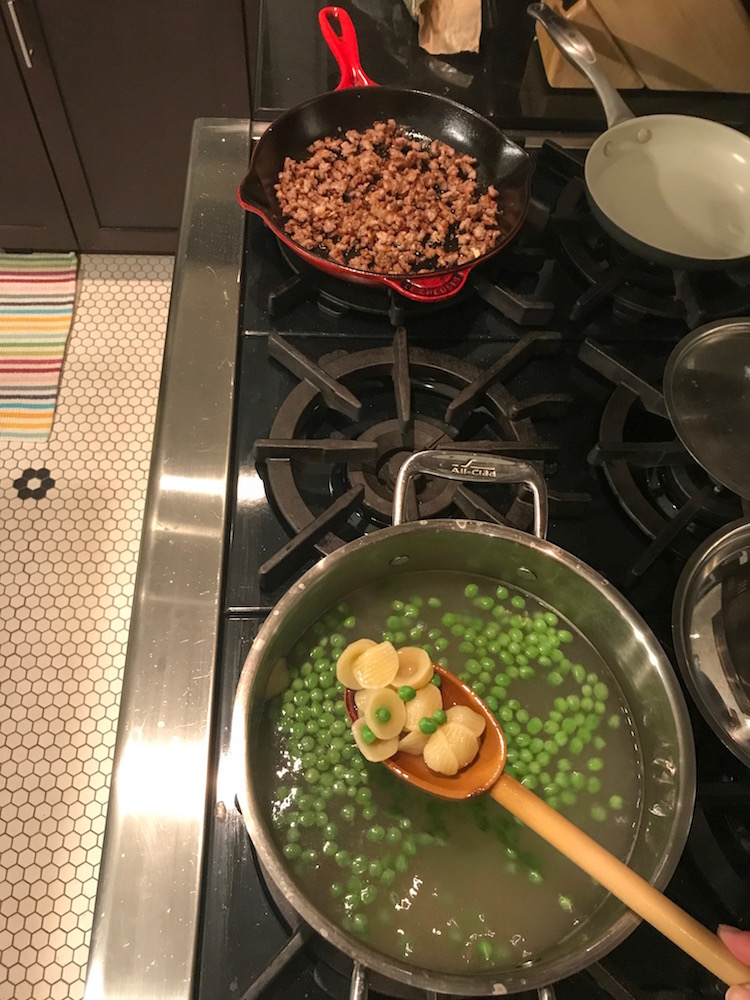 Store-bought sausage makes four family dinners: Add peas or broccoli to sausage and orecchiette. | ©Jane Sweeney for Cool Mom Eats