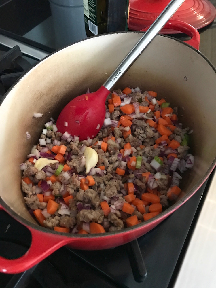 Weeknight family dinners: sausage and veggies come together in a hearty soup. | ©Jane Sweeney Cool Mom Eats