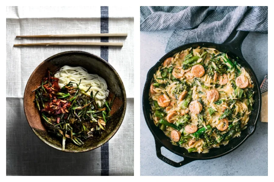 Cool Mom Eats weekly meal plan: 5 fast, easy, family-friendly meals for the week ahead, including  5-Minute Scallion Fat Noodles at Lady & Pups and Broccolini, Chicken Sausage, and Orzo Skillet at The Kitchn (Photo Maria Siriano)
