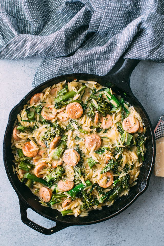 Cool Mom Eats weekly meal plan: Broccolini, Chicken Sausage, and Orzo Skillet | Photo by Maria Siriano for The Kitchn