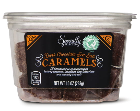 Mother's Day finds we love for under $10 at Aldi: Dark Chocolate Covered Sea Salt Caramels make the perfect addition to a dessert spread for any celebratory Mother's Day gathering. Just buy extra containers to give to any mama guest of honors, because believe us -- once they eat one for dessert, they're going to want more to take home. | Cool Mom Eats