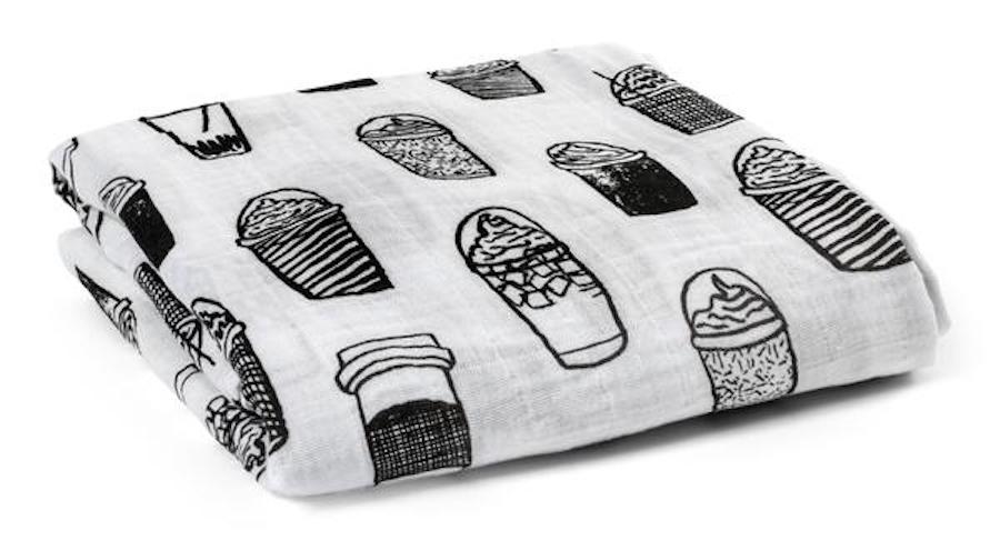 Foodie baby shower gifts: coffee muslin swaddler at Modern Burlap
