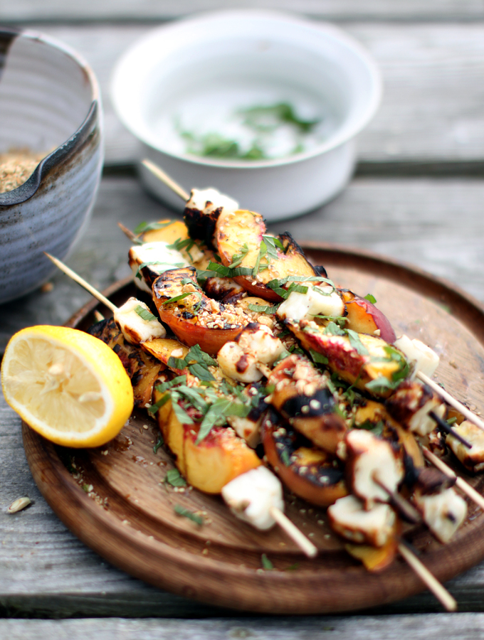 Delicious vegetarian cookout ideas beyond veggie burgers: Grilled Halloumi and Peach Kebabs | My New Roots