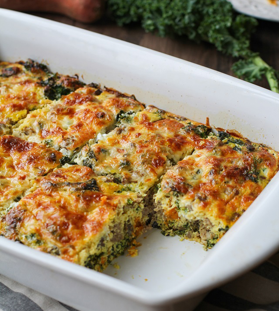 Make ahead Mother's Day brunch recipes: Sweet Potato, Sausage and Kale Breakfast Casserole at The Roasted Root