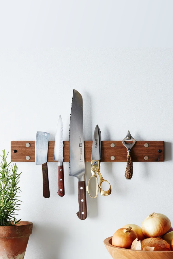 Reclaimed, handcrafted walnut magnetic knife rack is GORGEOUS, and protects your knives better than a knife block while saving counter space