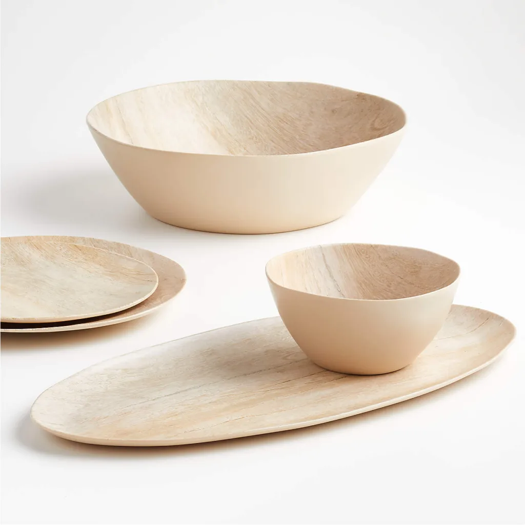 Must-have unbreakable melamine dinnerware: Faux wood bowl at Crate & Barrel