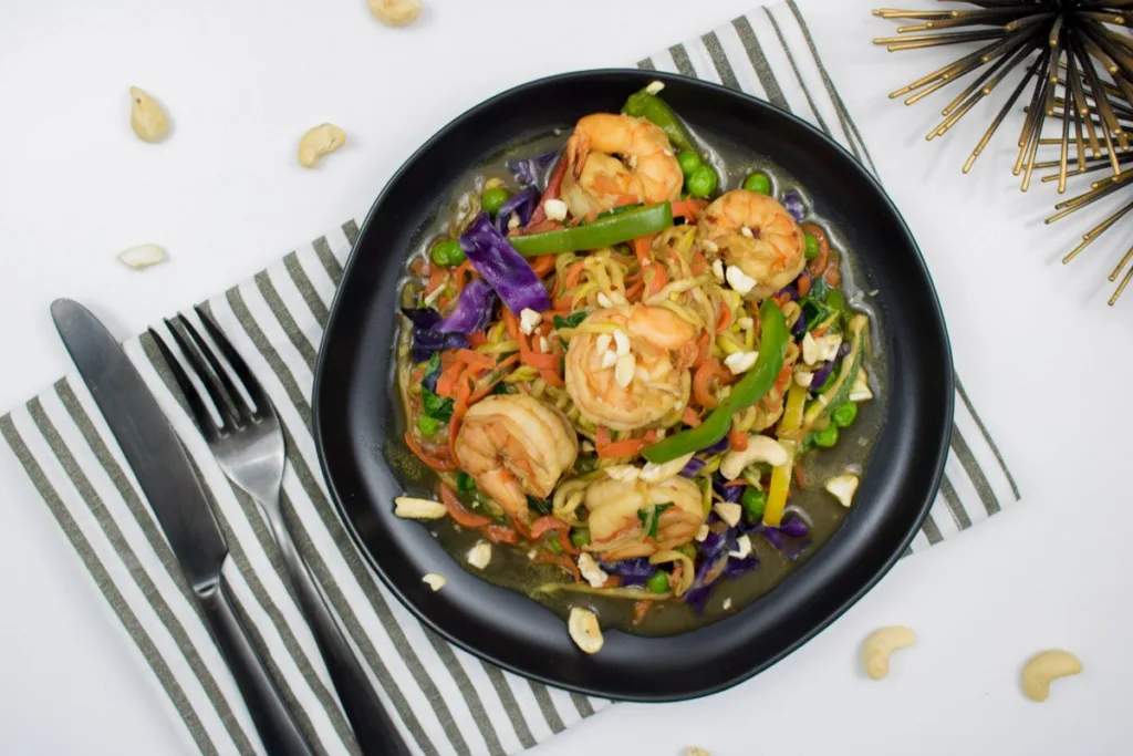 Weekly meal plan idea using foods in season: A light, crunchy, carrot-zucchini-shrimp stir-fry recipe from Orchids and Sweet Tea