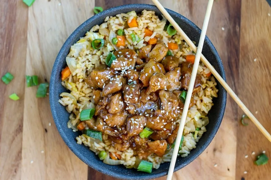 Weekly meal plan: 5 easy recipes, from Honey Garlic Pork to BBQ Chicken Thighs, including this Honey Garlic Pork with Fried Rice from Sugar Spice Life