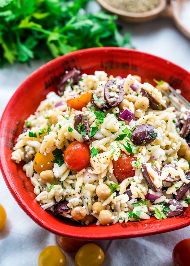 Crowd-pleasing dinners made with cherry tomatoes: Mediterranean Orzo Salad at Jo Cooks Crowd-pleasing dinners made with cherry tomatoes: Mediterranean Orzo Salad at Jo Cooks