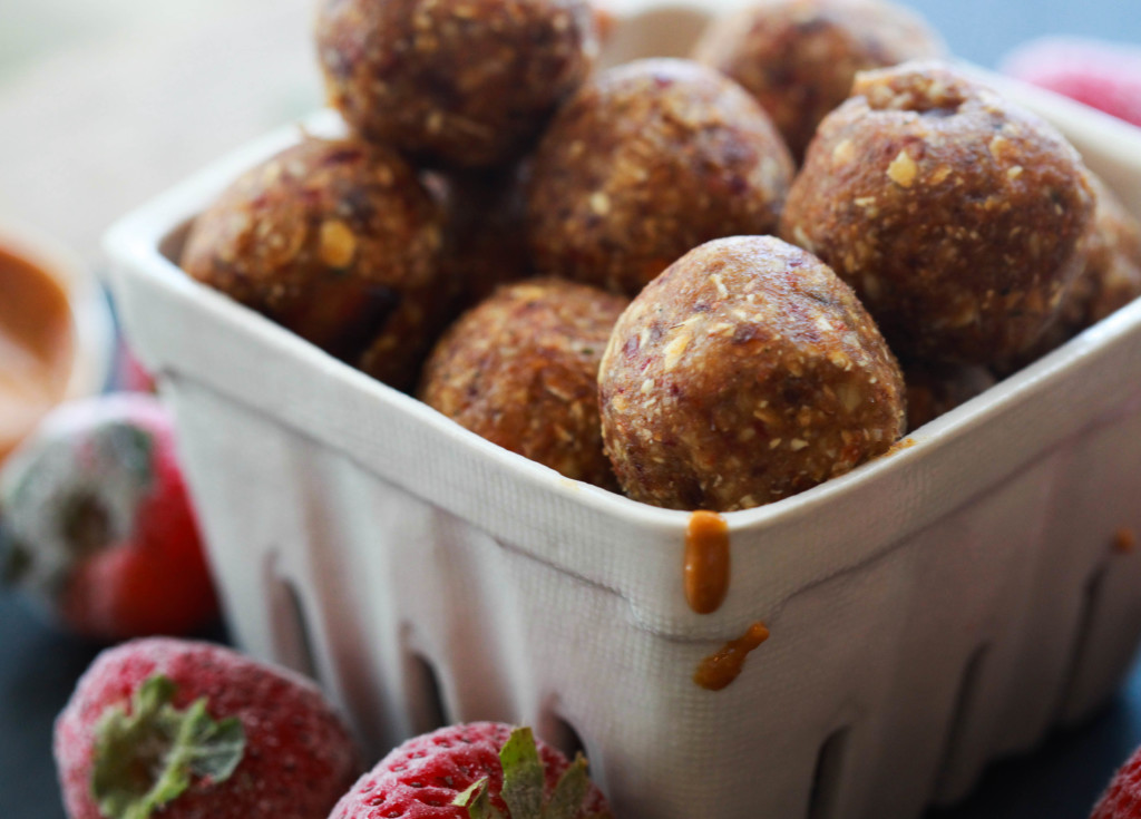 Snack recipes to increase breast milk: 5 Ingredient PB&J energy bites at LLbalanced