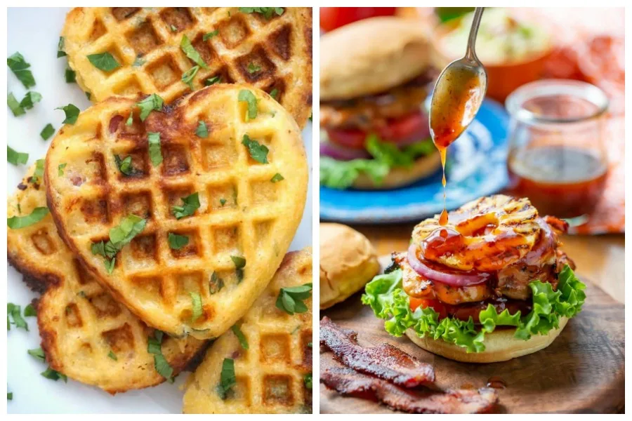 Weekly meal plan: Cornbread Waffles at My Gorgeous Recipes and Hawaiian Chicken Sandwiches at Saving Dessert