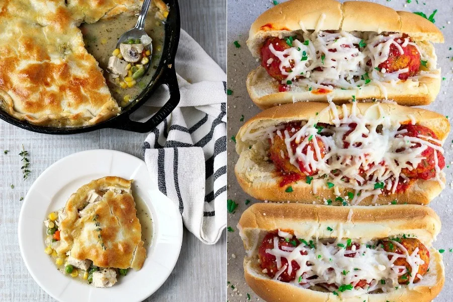Weekly meal plan ideas: Chicken Pot Pie recipe from Garden in the Kitchen, Meatless Meatball Subs from Nora Cooks