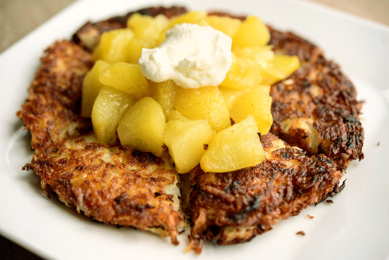 French Potato Pancakes with Apple Compote from Joan Nathan: Perfect for a Rosh Hashanah dinner menu