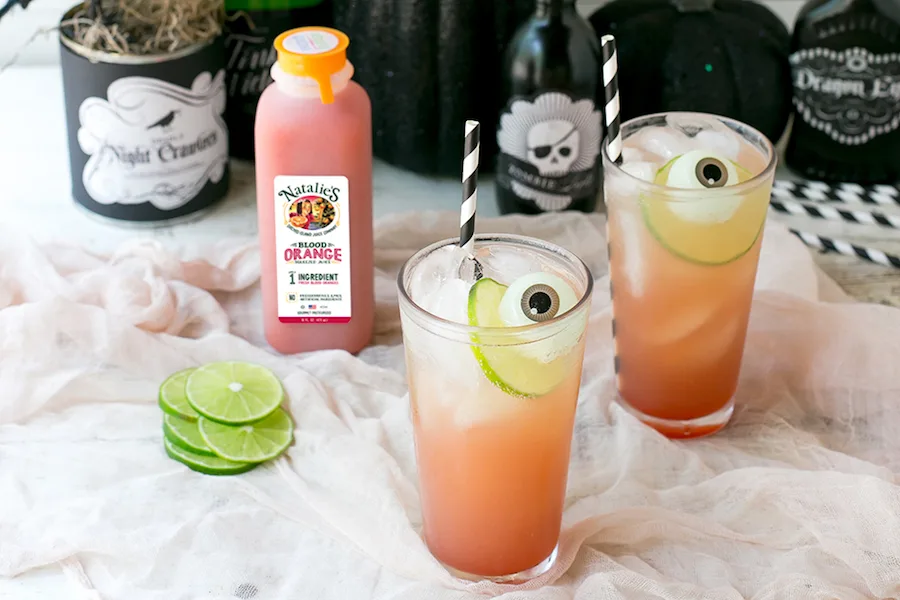 The Bloody Crush Halloween mocktail recipe made from Nathalie's Blood Orange Juice, Lime and Club Soda. Oh, and eyeballs. | Cool Mom Eats