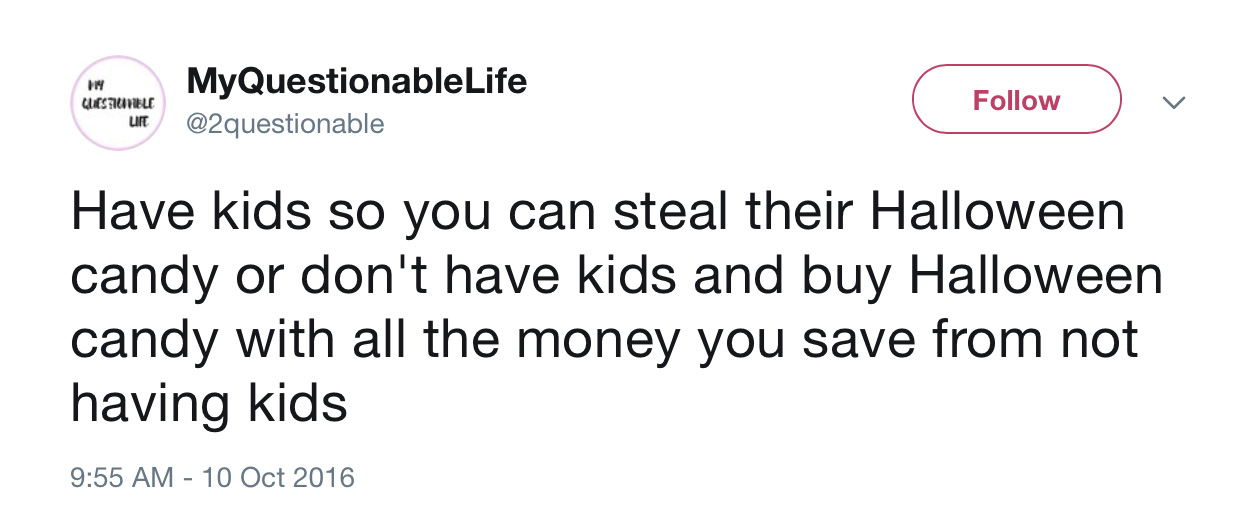 Funny Halloween tweets about candy: @2questionable Funny Halloween tweets about candy: @2questionable