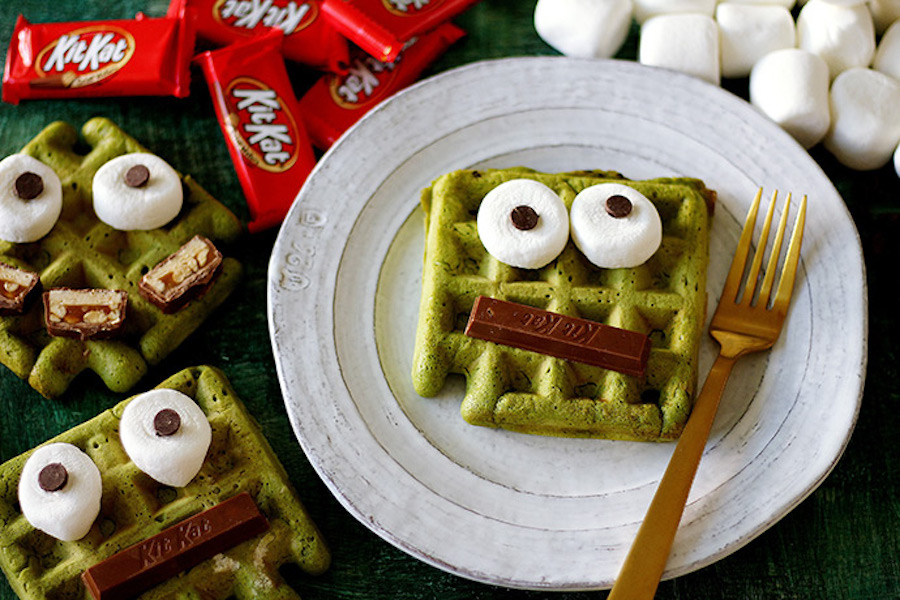 Fun Halloween breakfast ideas for kids: Matcha Monster Waffles at Handmade Charlotte Fun Halloween breakfast ideas for kids: Matcha Monster Waffles at Handmade Charlotte