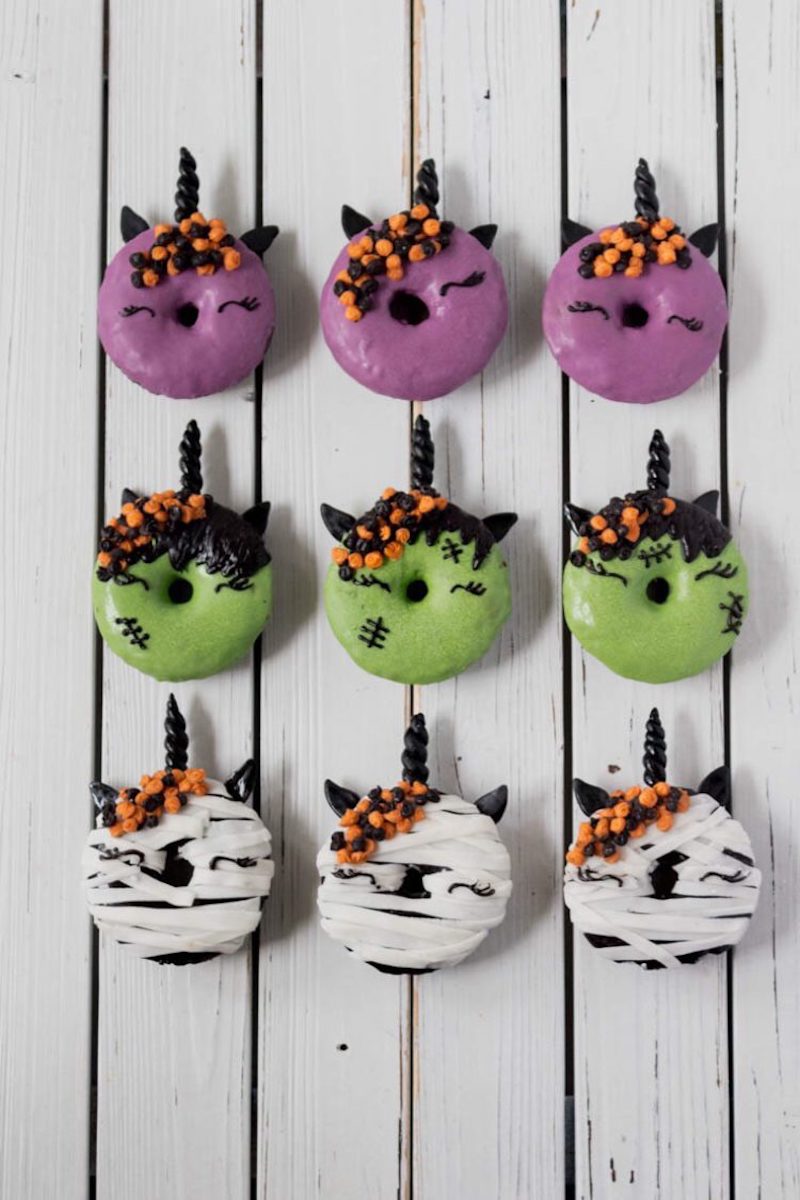 Fun Halloween breakfast ideas for kids: Halloween Unicorn Donuts at One Sarcastic Baker Fun Halloween breakfast ideas for kids: Halloween Unicorn Donuts at One Sarcastic Baker