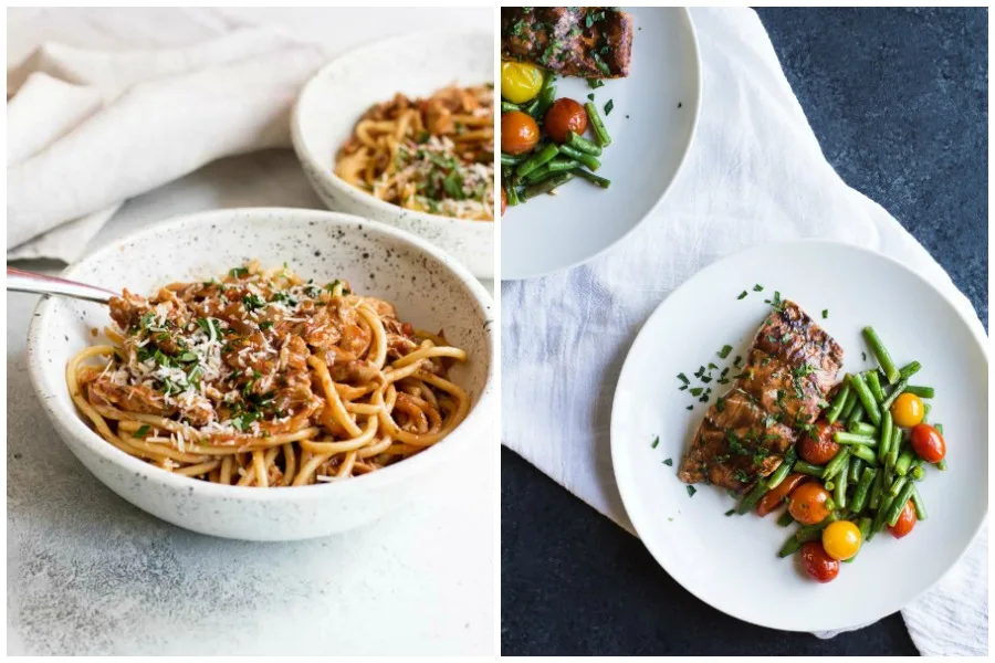 Weekly meal plan: Chicken Ragu at Girl Gone Gourmet and Sheet Pan Salmon at Sarah J. Hauser
