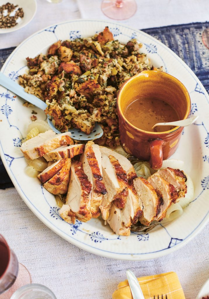 Recipe: Julia Turshen's Sheet Pan Bread Stuffing with Sausage, Spinach and Turkey from her cookbook Now & Again | photo David Loftus Recipe: Julia Turshen's Sheet Pan Bread Stuffing with Sausage, Spinach and Turkey from her cookbook Now & Again | photo David Loftus