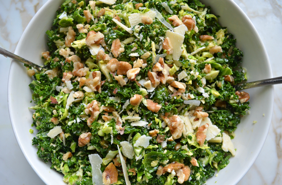 Genius make-ahead Thanksgiving tips: Kale & Brussels Sprout Salad with Walnuts, Parmesan & Lemon-Mustard Dressing | Once Upon A Chef 