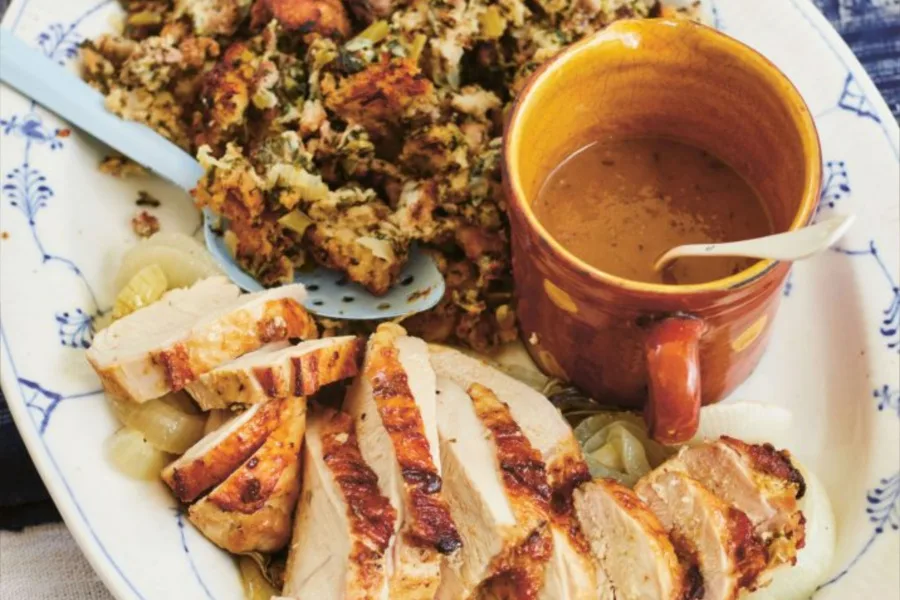 An extraordinary sheet pan bread stuffing from Emily Turshen, from her new cookbook Now & Again | photo David Loftus