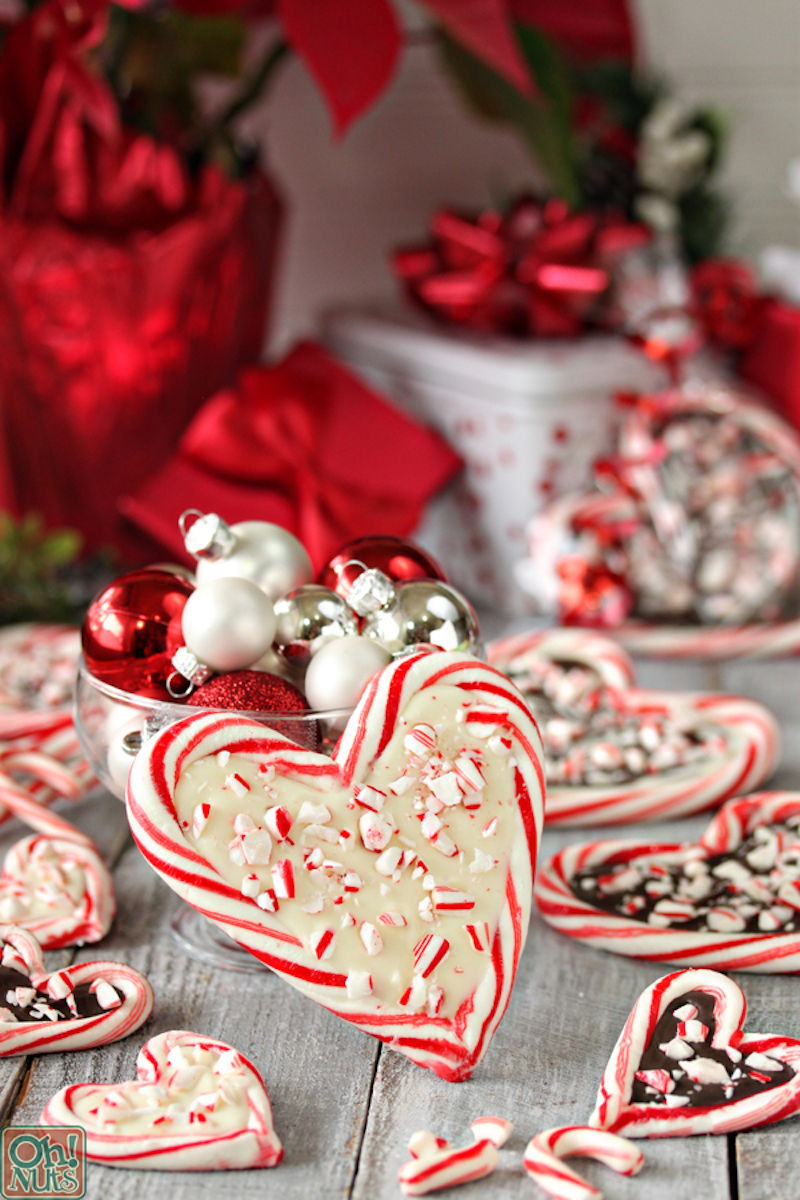 Creative Christmas bark recipes: Peppermint bark hearts at Oh Nuts