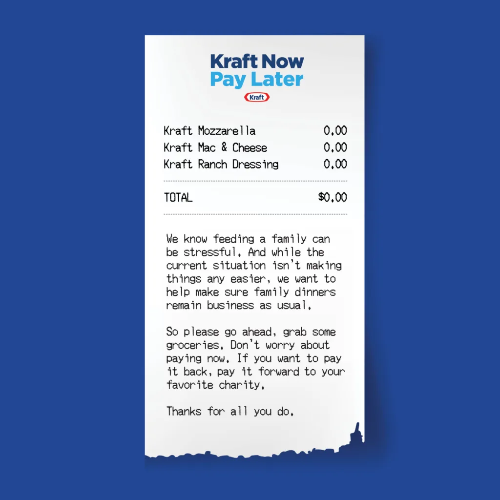 Kraft Now Pay Later is Kraft's effort to provide free groceries to federal workers impacted by the government shutdown -- only asking for them to pay it forward one day when they can Kraft Now Pay Later is Kraft's effort to provide free groceries to federal workers impacted by the government shutdown -- only asking for them to pay it forward one day when they can