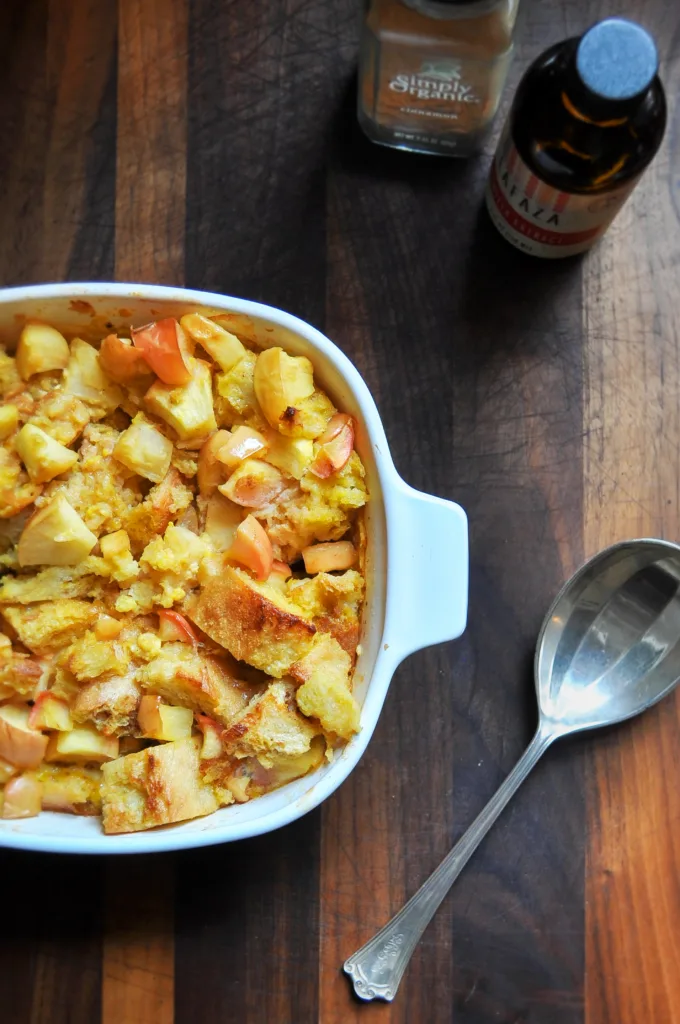 How to make an easy weeknight Bread Pudding recipe for dessert: It even cuts back on food waste, using up bread and bruised apples or pears you may have! | Recipe by Anne Wolfe Postic for Cool Mom Eats