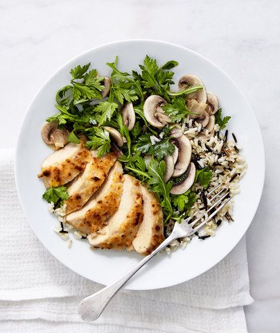 Unexpected uses for mayonnaise: Parmesan-Crusted Chicken with Mushrooms and Arugula Salad. | Photo © Jen Causey for Real Simple