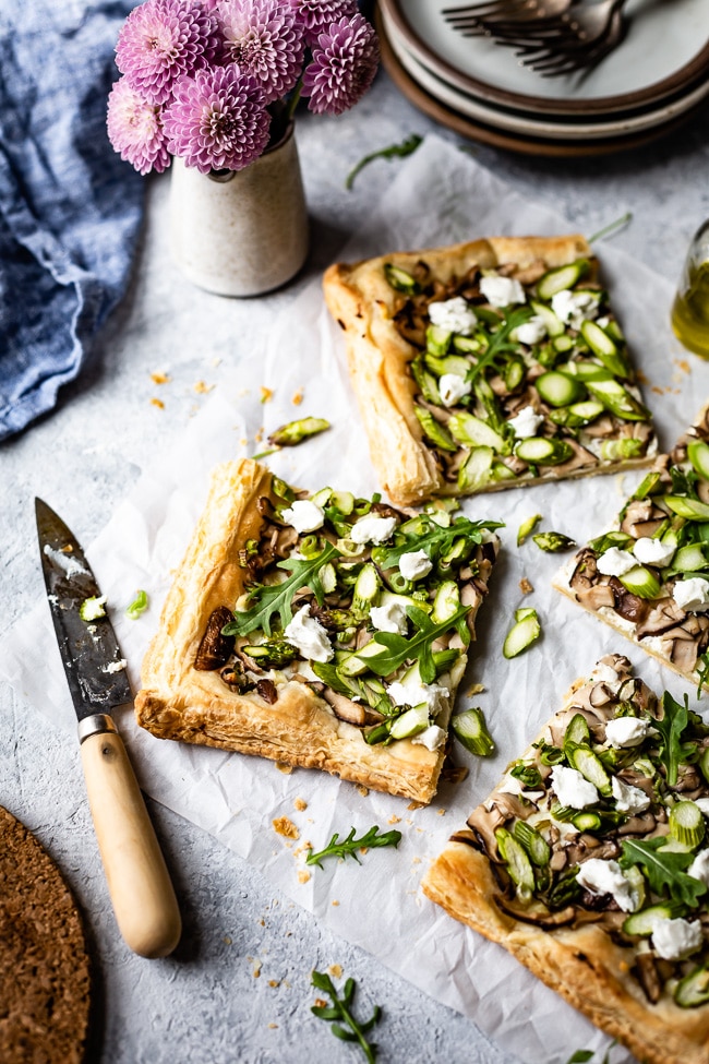 Make-ahead Easter brunch recipes: Goat cheese mushroom asparagus tart at Foolproof Living