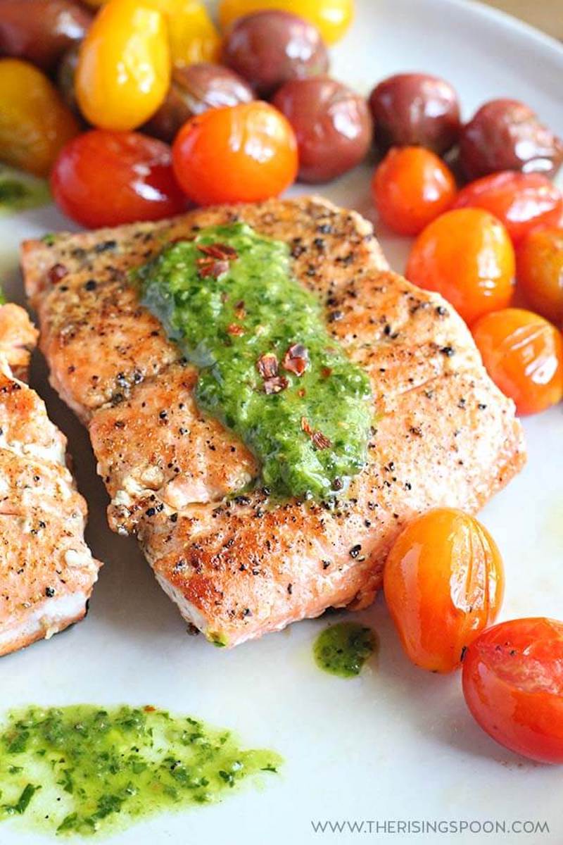 Lighter family dinner ideas for spring: Pan-seared Salmon with Chimichurri at The Rising Spoon