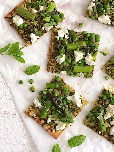 Spring meal ideas to lighten up family dinnertime: Flatbread with spring vegetables and goat cheese recipe from Mom's Kitchen Handbook