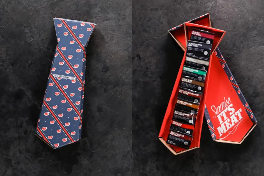 Man Crate's tie gift box full of jerky is a great gourmet Father's Day gift!