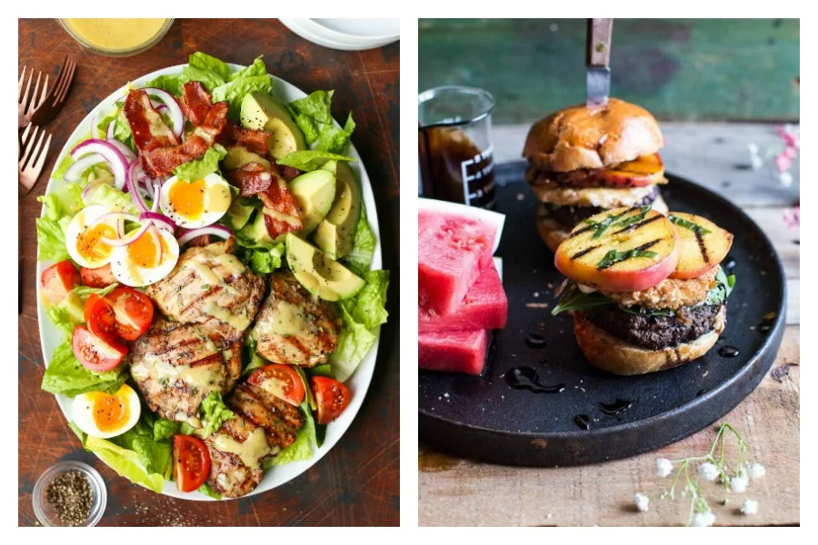Weekly meal plan: Cobb Salad at Damn Delicious and Grilled Peach Burgers at Halfbaked Harvest