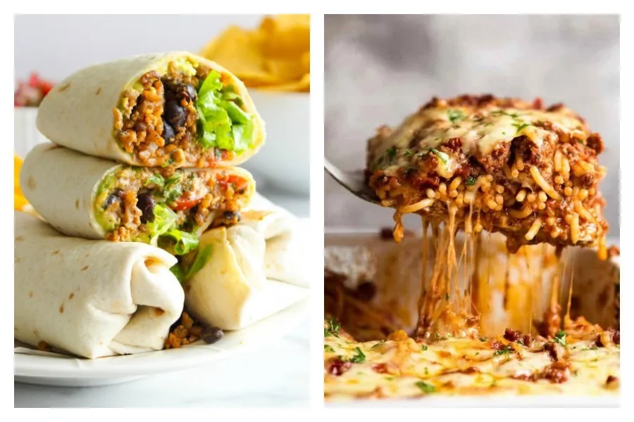 Weekly meal plan: Burritos at Food by Jonister and Spaghetti at Recipe Tin Eats