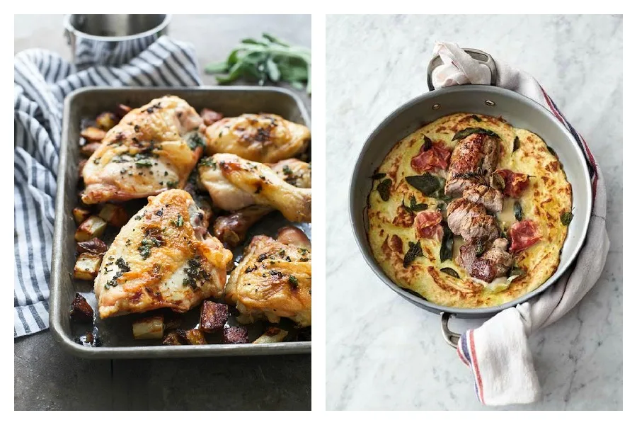 Weekly meal plan: 5-ingredient meals | Roasted Sage-Butter Chicken at Cooking for Keeps and Jaime Oliver's Pork & Mash at The Happy Foodie