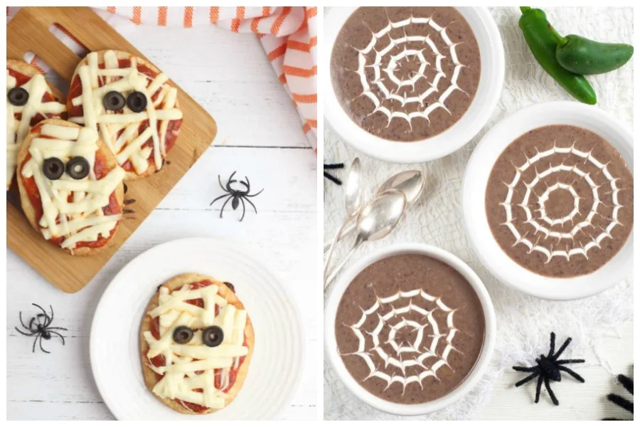 Weekly meal plan: Halloween meals like mummy pizzas at Easy Peasy Creative and Spider Web soup at Bit & Bauble