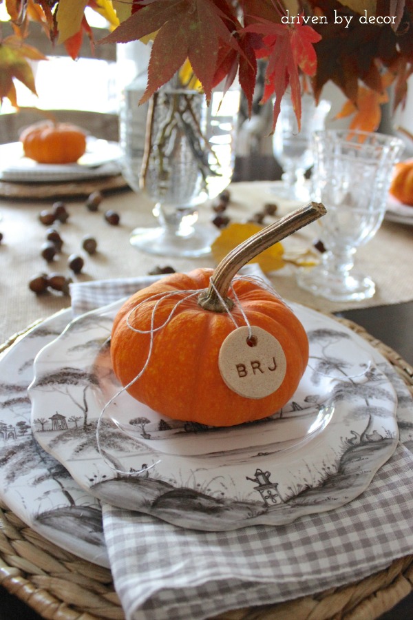 Eco-friendly table settings for Thanksgiving with Driven by Decor's salt-dough pumpkins