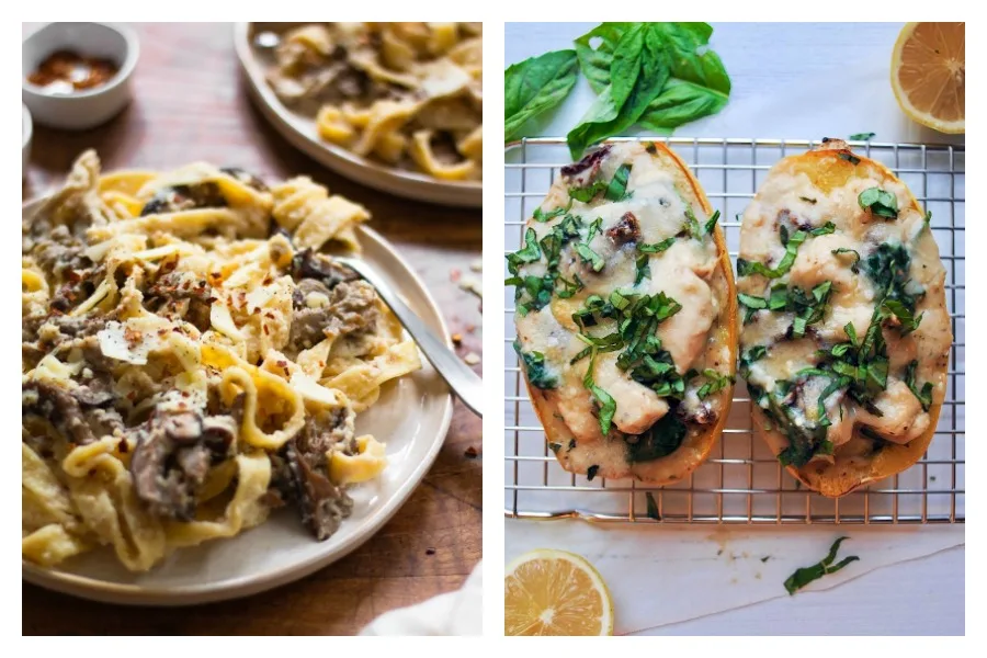 Weekly meal plan: Low-cal Fettuccini Alfredo at The Banana Diaries and Tuscan Chicken Spaghetti Squash at Grits to Greens
